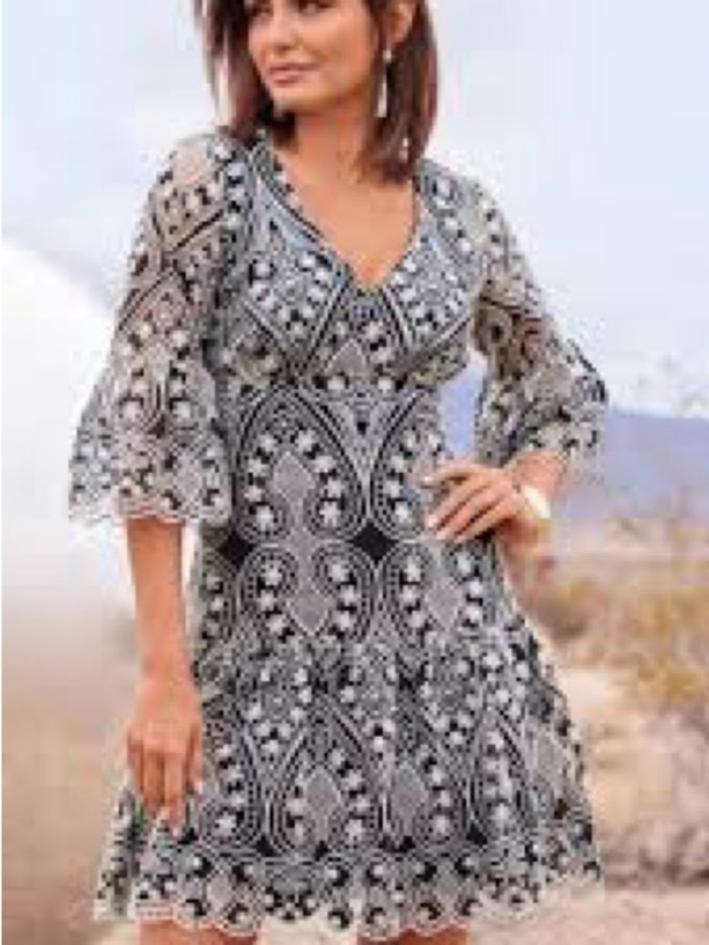 Boston Proper Black and White V-Neck Fit-and-Flare Dress. 12